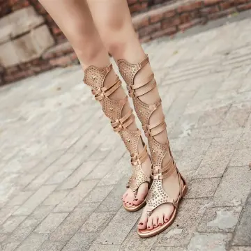 Gladiator Sandals for Womens Knee High Flat Sandals Roman Shoes