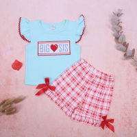 Baby Girl 2pcs Cotton Clothes Set For Summer New Style Pretty BIG LOVE SIS Embroidery Blue T-Shirt+Red Grid Sport Shorts Girl