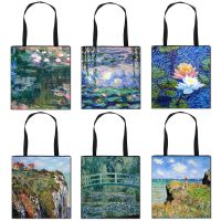 ™ Vintage Painting Water Lily / Lotus Print Totes Bag Monet Women Handbag Ladies Canvas Travel Shoulder Bag Portable Shopping Bags