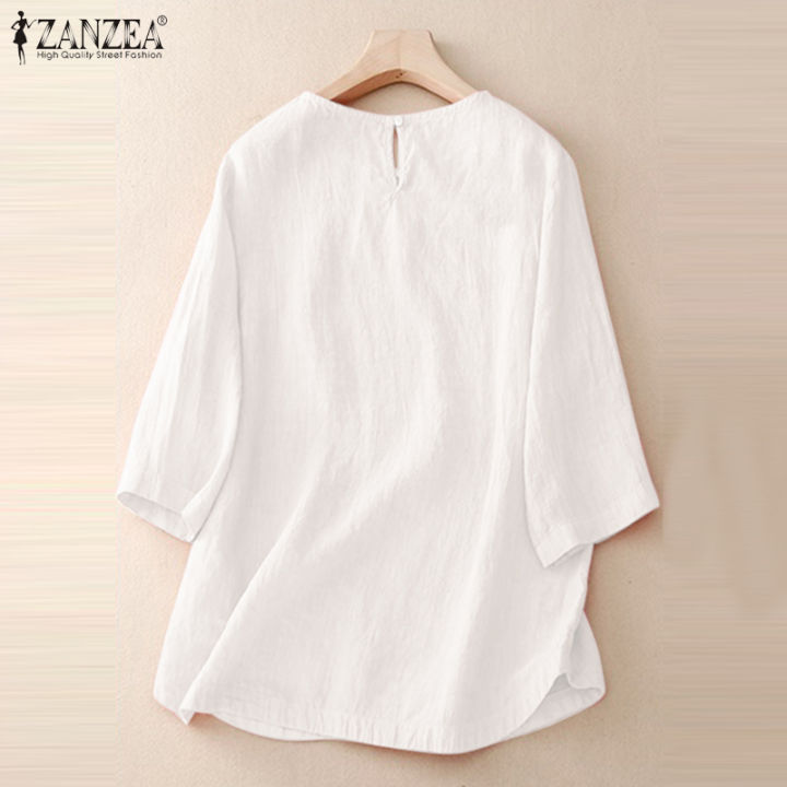 สินค้ามาใหม่-จัดส่งฟรี-fancystyle-zanzea-เสื้อสตรีผ้าฝ้ายแขนสั้นเสื้อคอวีวินเทจสีทึบโค้ง-2