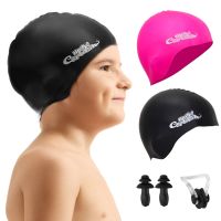 2 Pack Kids Swim Cap Durable Silicone Swim Cap for Boys Girls Teens Age 6-13 Unisex Bathing Hats with Ear Plugs &amp; Nose Clip Swim Caps