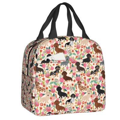 ☎♂ Dachshund Floral Dog Pattern Lunch Bag Sausage Wiener Badger Doxie Leakproof Thermal Cooler Insulated Lunch Box Women Children