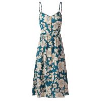 เซ็กซี่ V คอปุ่มผู้หญิง Midi ชุดผ้าพันแผลกลับ Empire เอวแขนกุด Flared Flowy Hem Beach Holiday Party Sundress