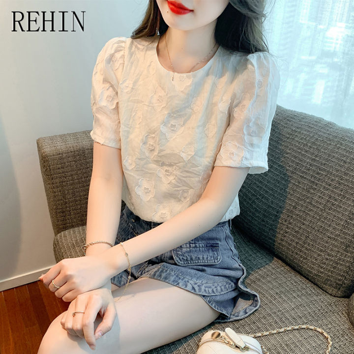 rehin-เสื้อเชิ๊ตผู้หญิง-เสื้อแจ็คการ์ดสามมิติใหม่เสื้อเสื้อผู้หญิงแขนสั้นคอกลมหวานหลวมฤดูร้อน