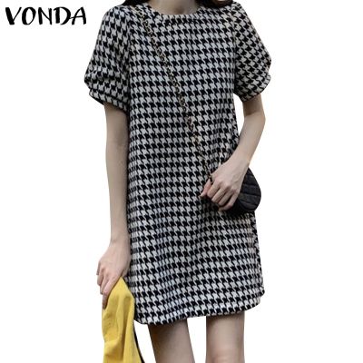 Vonda ชุดเดรส คอกลม แขนสั้น ลายสก๊อต สไตล์เกาหลี สําหรับผู้หญิง