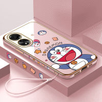 GGK เคสสำหรับ A78 OPPO 4G ลายขอบสี่เหลี่ยมแมวมีความสุขการ์ตูนโดราเอมอนน่ารักฟรีสายคล้องชุบเคลือบเคสโทรศัพท์เคสโทรศัพท์นิ่มสุดหรู