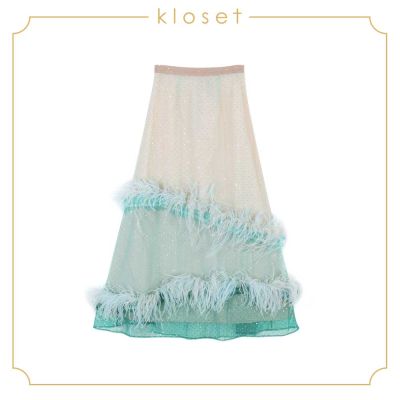 Kloset Sparkling Long Skirt With Feather Detail (SS18-S005)เสื้อผ้าผู้หญิง เสื้อผ้าแฟชั่น กระโปรงแฟชั่น  กระโปรงยาว กระโปรงแต่งขนนก