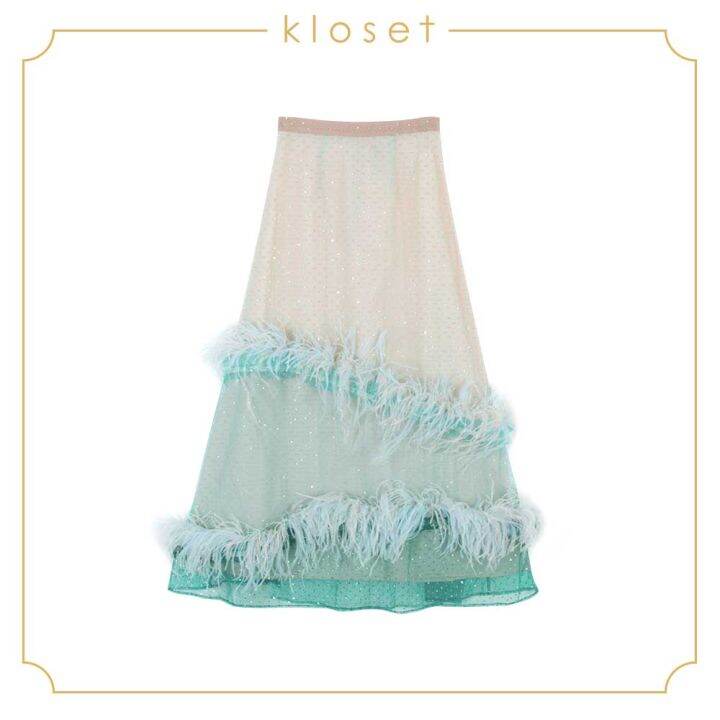 kloset-sparkling-long-skirt-with-feather-detail-ss18-s005-เสื้อผ้าผู้หญิง-เสื้อผ้าแฟชั่น-กระโปรงแฟชั่น-กระโปรงยาว-กระโปรงแต่งขนนก