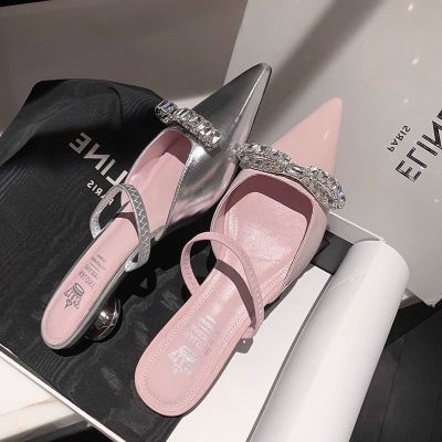 Lacquer Leather Pink Half Wrapped Sandals for Women Wearing Summer Silver Pointed Shoes