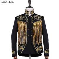 Luxury Tassel Sequins Glitter Blazer Men Stand Collar Double Breasted Steampunk Military Drummer Punk Gothic Parade Jacket Male