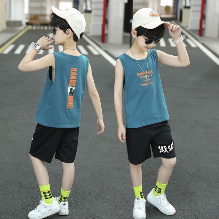 ชุดลำลองเด็กผู้ชาย2023ใหม่ชุดสองชิ้นกางเกงขาสั้นเสื้อกล้ามเด็กเกาหลีแขนกุด