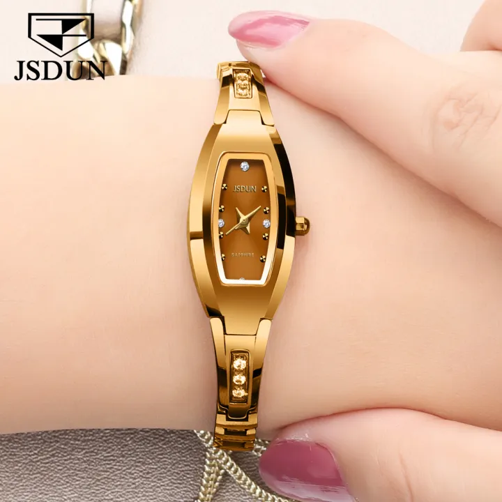 JSDUN Luxury นาฬิกาข้อมือผู้หญิงผู้หญิง Rose ทังสเตนทองเหล็กสร้อยข้อมือไรน์สโตนขนาดเล็กชุดมองเทรเฟมเรโลจิโอ feminino saat