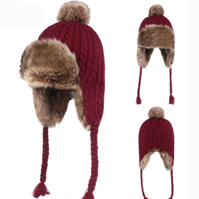 HT2206 Thick Warm Winter Hat Women Earflap Cap Rabbit Fur Hat Ladies Knitted Russian Hats with Braids Windproof Trapper Ski Cap