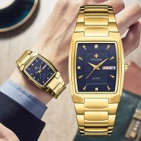 「Dark blue watch」2022Luxury Business MenGoldStainless SteelSquare ClockWeek And Date Relogio Masculino