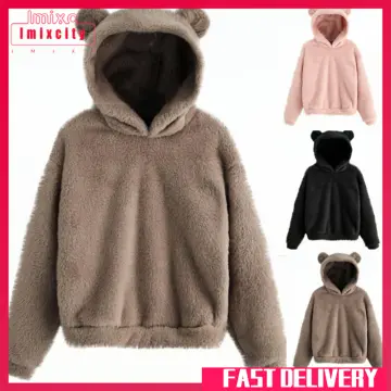 Women's Hooded Jumper Sweatshirt Pullover Top Fluffy Fleece Plush Bear Ear  White