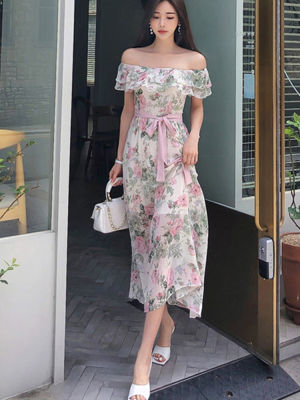 Women Summer Korea Style Off Shoulder Maxi Dress Slit Bodycon Party Elegant Evening Vintage Printed Clothing