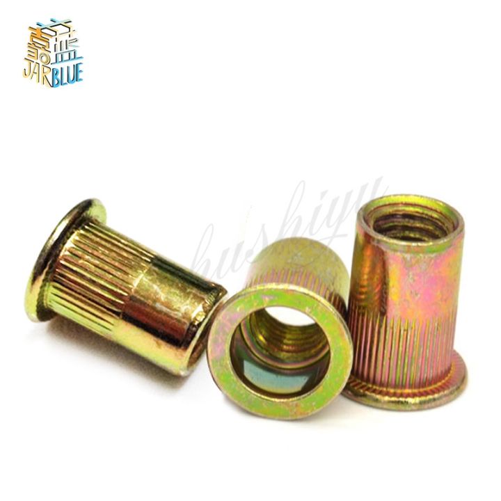 20-50pcs-m3-m4-m5-m6-m8-zinc-plated-carbon-steel-knurled-nuts-rivnut-flat-head-threaded-rivet-insert-nutsert-cap-rivet-nut