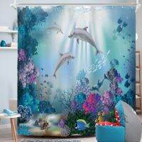 Dolphin Bath Curtain สาหร่ายใต้น้ำแนวปะการัง Sun Beam ปลาเขตร้อน Marine สัตว์ป่า Marine Animal Bath Curtain Set 180 * 180 ซม