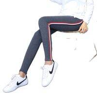 【CW】 autumn Leggings lady blended Cotton striped stretched spliced pant