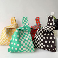 Reusable Polka Dots Shopping Casual Women Bag Knot Wrist Bag Tote Knitted