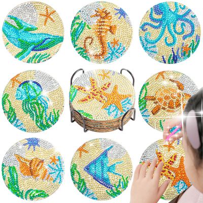 GATYZTORY 6pcs Diamond Painting Coasters With Holder Diy Crafts Sea Creatures Artwork For Kids Adults Beginners Handmade Gift