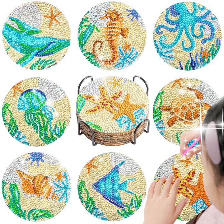 gatyztory-6pcs-diamond-painting-coasters-with-holder-diy-crafts-sea-creatures-artwork-for-kids-adults-beginners-handmade-gift