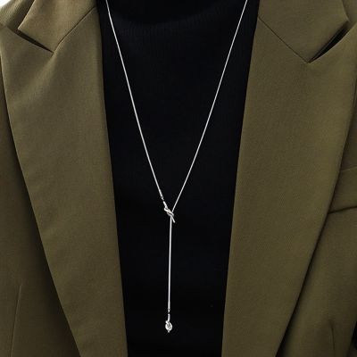 【CW】Womens Stainless Steel Y-shaped Collarbone Pendant Necklace with Irregular Cross Knotted Snake Chain Fashionable Jewelry