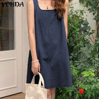 VONDA Women Casual Denim Crew Neck Sleeveless A-Line Short Above Knee Dress (สาเหตุเกาหลี)