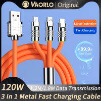 VAORLO 3 In 1 6A สายชาร์จเร็ว120W สายซิลิโคนเหลวโลหะ USB To Micro-USB Type-C สายเคเบิลสนับสนุนเครื่องชาร์จยูเอสบีสำหรับ Xiaomi Redmi Huawei Infinix Oppo Vivo สามารถใส่ได้กับ iPhone