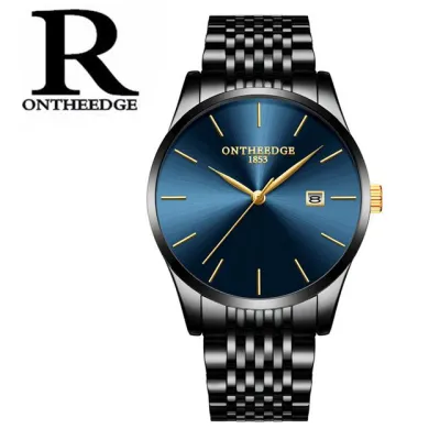 ONTHEEDGE นาฬิกาข้อมือผู้ชาย,สีดำสีน้ำเงินหรูสแตนเลสทองผู้ชายนาฬิกา30เมตรกันน้ำปฏิทินต้นฉบับนาฬิกาสำหรับผู้ชาย023