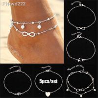 5 Pieces /Set Fashion New Stainless Steel Heart Pendant Anklet Girl Summer Beach Ankle Bracelet Women Accessories Jewelry Gift