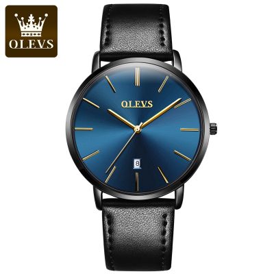 OLEVS นาฬิกาข้อมือสุภาพสตรีแบบเดิม ๆ หนังสีดำเรียบง่ายบางเฉียบนาฬิกาควอตซ์กันน้ำวันที่แฟชั่น
