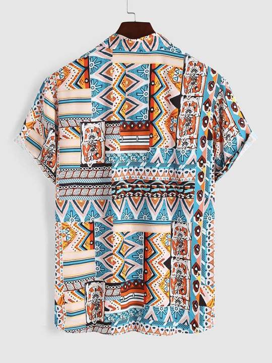 เสื้อ-zaful-สำหรับผู้ชายพิมพ์ลายชนเผ่าเสื้อเชิ้ตแนวสตรีทแวร์มีกระเป๋าสำหรับวันหยุดแขนสั้นเสื้อสตรีชนเผ่าฤดูร้อน