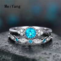 MeiYang แหวนเพทายแฟชั่นสำหรับผู้หญิง,แหวนเพทายชุดไมโครแวววาวแบบ2ชิ้น/เซ็ตแหวนหมั้นสำหรับผู้หญิง