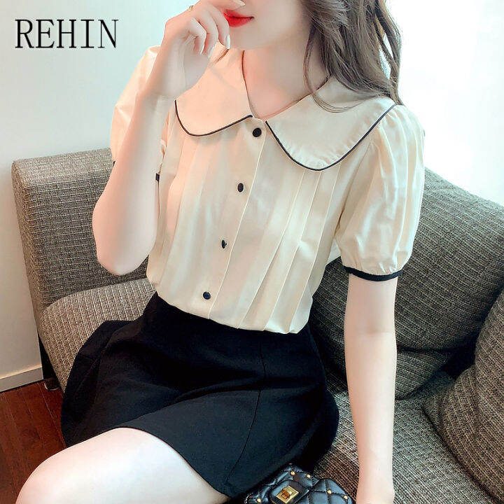 rehin-เสื้อสไตล์เกาหลีแบบใหม่แขนสั้นผู้หญิง-เสื้อแขนพองหวานคอตุ๊กตาแฟชั่นฤดูร้อน