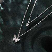 Real S925 Sterling Silver Double Chain Butterfly Necklaces With Full CZ Inlay For Girlss Brithday Gift Wholesale Acceptable