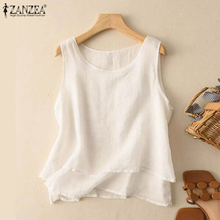 สินค้ามาใหม่-จัดส่งฟรี-fancystyle-zanzea-แขนกุดแบบลำลองเสื้อยืดคอกลมวินเทจหลวมสูงต่ำ-camisoles-2