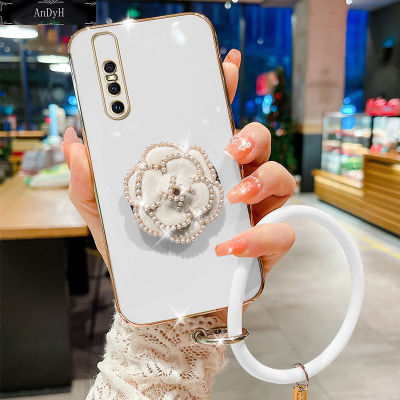 AnDyH For Vivo V15 V15 Pro Case,Fashion Luxury Beautiful Girls Floral Stand + Hand Ring Simple Solid Color Plated Soft Phone Case