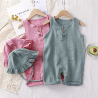 2Pcs ทารกแรกเกิดเสื้อกั๊กบอดี้สูท + หมวกเด็กวัยหัดเดินฤดูร้อน Jumpsuit แขนกุดผ้าฝ้ายนุ่ม Breathable ทารกเสื้อผ้า Outfit