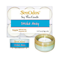 SenOdos เทียนหอม อโรม่า เทียนทีไลท์ Tealight Set Smoke Away Soy Candles เทียนหอมอโรม่าแท้ 15 g. (6 ชิ้น) + เชิงเทียน ที่วางเทียนทีไลท์ ศิลาดล (เซลาดล) สีเขียวหยกขอบทอง