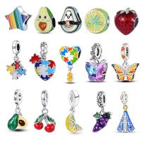 Colorful Puzzle Heart Fruit Healthy Avocado Lemon Strawberry Dangle Charms Beads Silver 925 Fit Pandora Bracelet Jewelry DIY