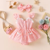 Baby French Plaid Romper Dress Toddler Girls Flying Sleeve Lace Patchwork Princess Dresses Crawl Clothes+Headband 2Pcs Outfits  by Hs2023