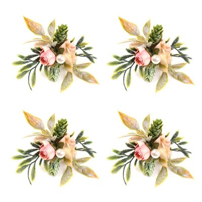 Double Rose Napkin Rings Set of 4, Pink Flower Napkin Rings with Berries and Green Leaves Handmade Napkin Ring Holders