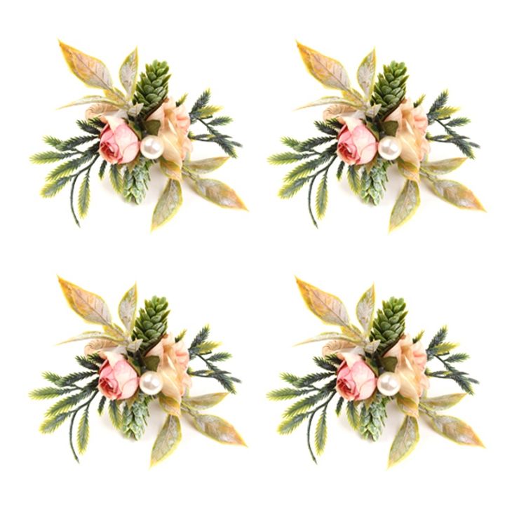 double-rose-napkin-rings-set-of-4-pink-flower-napkin-rings-with-berries-and-green-leaves-handmade-napkin-ring-holders