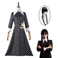 2023 New Movie Vintage Gothic Women Dress Cosplay Costume Wig Wed. Black Printing Dress Daily Clothing Outfit Girls Christmas