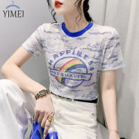 YIMEI เสื้อยืดผู้หญิงกว่างโจวสวย,เสื้อยืด2023ฤดูร้อนแขนสั้นคอกลมตาข่ายพิมพ์ลายเพชรสีรุ้ง