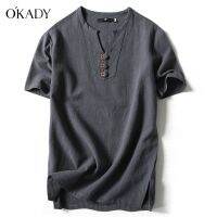 OKADY เสื้อยืดผ้าลินินชายหลวมลำลองระบายอากาศและสะดวกสบาย