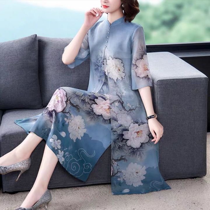 ชุดเดรสสไตล์จีนสำหรับผู้หญิงชุดเดรสกี่เพ้าผ้าชีฟองสไตล์จีนแฟชั่นแต่งลายแฟชั่นฤดูร้อน
