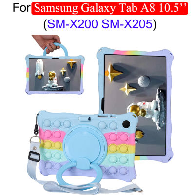 Casing Tablet ขาตั้งการหมุน360องศาสำหรับ Samsung Galaxy Tab A 8 10.5นิ้ว SM-X205 SM-X200บรรเทาความเครียดของเล่นซิลิโคนนิ่มสีรุ้ง Galaxy Tab A เคส Galaxy 8 10.5นิ้วพร้อม Tali Bahu &amp; Stylu
