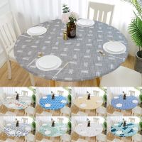 Round Waterproof Non-slip Elastic Tablecloth Classic Pattern Table Cloth Cover Outdoor Home Kitchen Dining Room